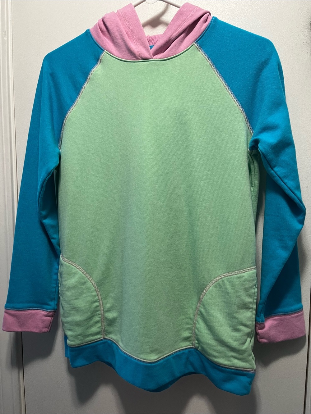 Lands End Girls XL Pastel Colorblock Hoodie Pockets Mint, Teal Pink 14/16